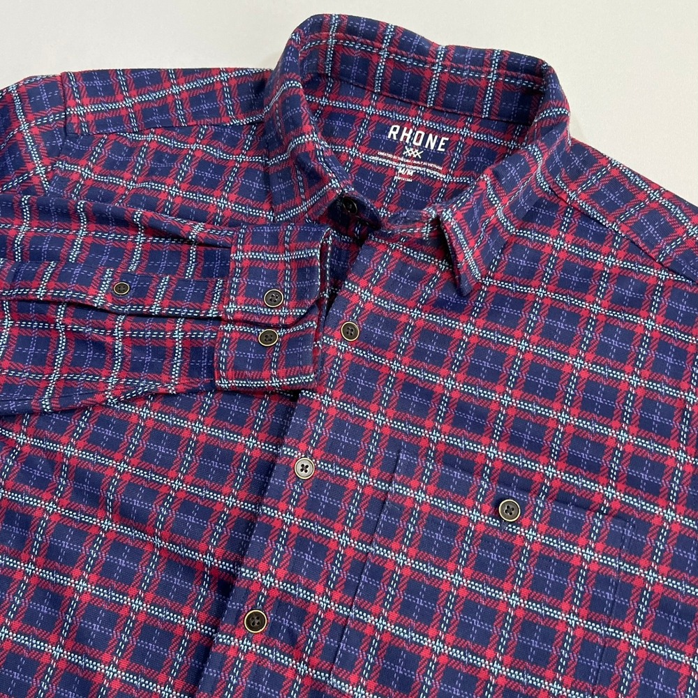 Rhone Hardy Flannel Shirt Mens Medium Red Navy Plaid Stretch Button Style 101344